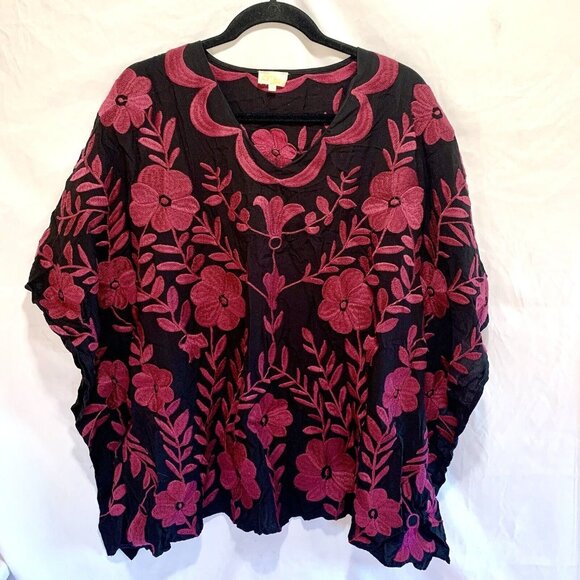 LAYERZ CLOTHING Floral Embroidered Relaxed Fit Poncho in Black Maroon SZ M - Picture 1 of 7
